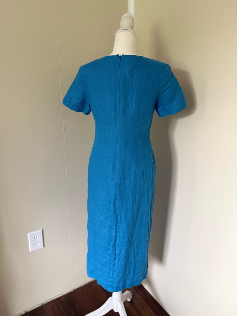 Vintage 90s Talbots Blue Short-Sleeve Midi Dress Side Button Slit Irish Linen - Picture 3 of 11